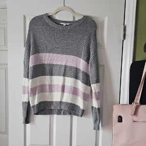 Time and Tru Gray, Pink & Cream Striped Crewneck Sweater
